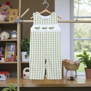 Lil' Cactus Light Green Alligator Smocked Overalls Sz 18-24M